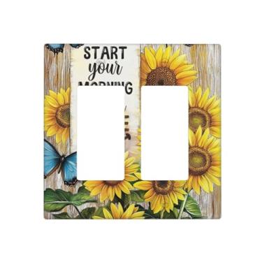 Imagem de JDAKHD Placa decorativa Gfci Vibrantes Girassóis e Borboletas 2 Gang Double Rocker Placa de Parede Textura de Madeira Rústica Capas Elétricas Decoração de Casa Alegre
