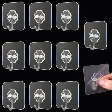 Imagem de 10 peças ganchos autoadesivos fortes de aço inoxidável transparente, cabide de armazenamento de chaves para cozinha, banheiro, porta, parede, multifuncional