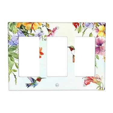 Imagem de JDAKHD Placa decorativa para interruptor, beija-flores e arte floral em aquarela, 3 gangues, roqueiro, placa de parede, pássaros botânicos tropicais, dispositivo triplo, placa elétrica para cozinha