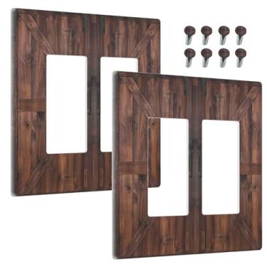 Imagem de Wmhusu Capas de tomada marrom country porta de celeiro retrô placa de interruptor de luz 2 gangues placa de parede decorativa GFCI receptáculo elétrico para decoração de cabine de fazenda (pacote com