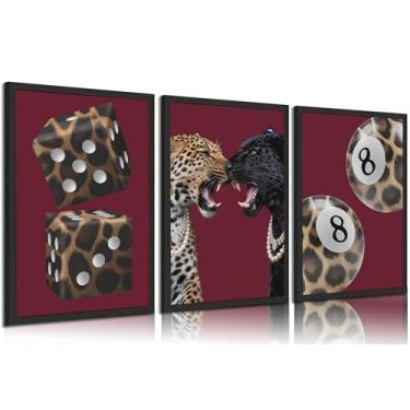 Imagem de 3 peças de arte de parede em tela leopardo moderna Funky Lucky 8 Ball Poster Prints Paintings Eclético Cheetah Preppy Aesthetic Pictures Decoração de parede para quarto, dormitório, sala de estar