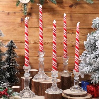 Imagem de Zhengmy Pacote com 8 velas cônicas de Natal, castiçais de Natal de 25,4 cm de altura, presentes listrados de bolinhas vermelhas e verdes para decoração de mesa de jantar de Natal (listras retrô)