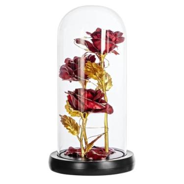 Imagem de Cúpula de vidro LED rosa vermelha, rosa eterna de 21 cm com folhas douradas, visor iluminado alimentado por bateria, para mãe, esposa, dia dos namorados, aniversário