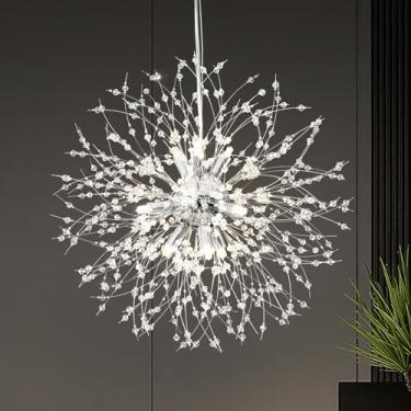 Imagem de Yiisem Lustres de cristal modernos, 9 luzes cromadas com pingente de dente de leão, lustre luminárias para sala de jantar, quarto, sala de estar, restaurante, cozinha, corredor