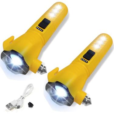 Imagem de GEEBONFLUGENS Lanterna de carro de emergência com cortador de cinto de segurança e disjuntor de janela, trabalho de LED (2 peças - amarelo escuro)