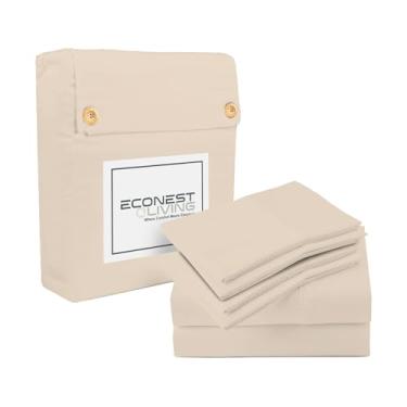 Imagem de ECONEST LIVING Jogo de lençol casal 100% algodão egípcio - 1000 fios, 6 peças, bolso profundo, lençol de resfriamento de hotel de luxo de cetim macio, cabe em colchões de até 40,6 cm - Marfim