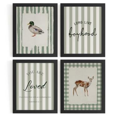Imagem de WXHUM 4 peças vintage berçário meninos sala de jogos verde sálvia decoração de arte de parede, longa vida infância, retrô, animais da floresta, pôsteres para crianças, berçário, sala de jogos, 20,3 x