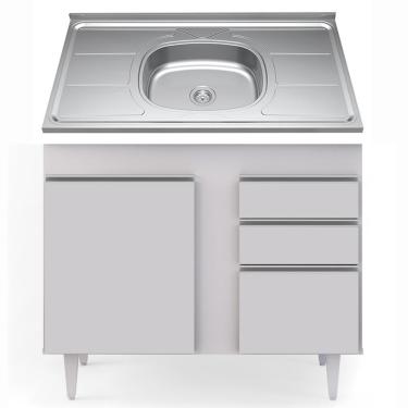 Imagem de Balcão Gabinete Com Pia Inox 100cm 2 Portas 2 Gavetas Luziania Branco - Lumil