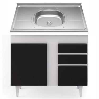Imagem de Balcão Gabinete Com Pia Inox 100cm 2 Portas 2 Gavetas Luziania Branco-preto - Lumil