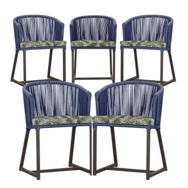 Imagem de 5 Cadeiras De Jantar Noronha Marrom Corda Náutica E5 Trama Azul