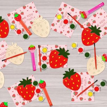 Imagem de Jengaer Kit de lembrancinhas de festa de morango, pacote com 12, artesanato de pintura de madeira com bolhas, cartões, kit de pintura de madeira para eventos temáticos de chá de bebê e decorações de