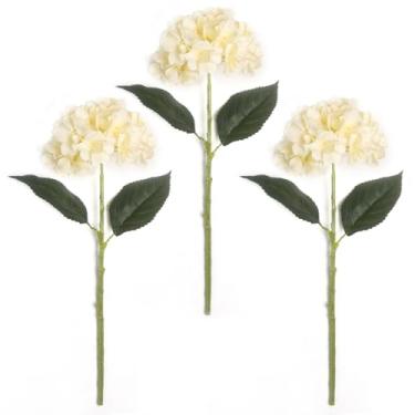 Imagem de EQUSPUR Pacote com 3 flores artificiais de hortênsia, hortênsia falsa com caules e folhas, flores de seda sintética para decoração de escritório em casa, festa de casamento, arranjos florais de centro