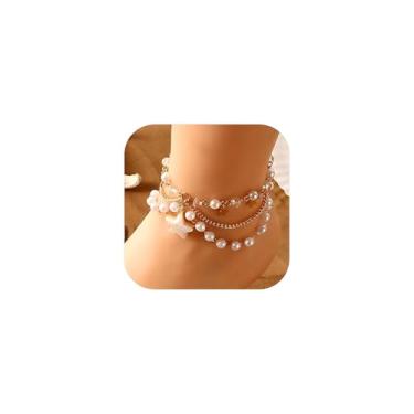 Imagem de Naturepernulo Tornozeleira feminina de pérola banhada a ouro com estrela de pérola, 1 peça, tornozeleira de praia descalço com bico escravo, Moderate type, Liga metálica, Sem Pedra Preciosa