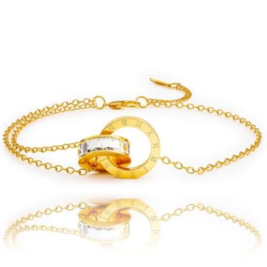 Imagem de Pulseira feminina banhada a ouro 18K, corrente de strass de cristal, comprimento ajustável, 7.5 Inches, Aço de titânio, Sem Pedra Preciosa