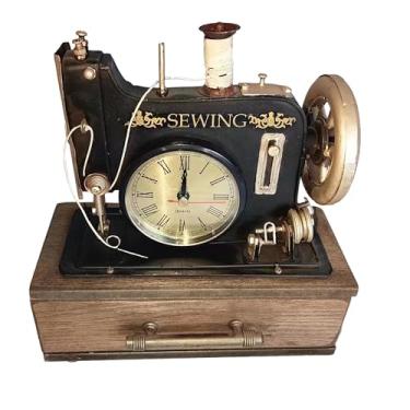 Imagem de YCHTEWY - Relógio de mesa estilo máquina de costura retrô com caixa de madeira - Máquina de costura manual vintage para decoração de casa