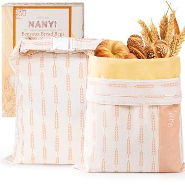 Imagem de Pacote com 2 sacos de pão de cera de abelha reutilizáveis para massa fermentada e pão caseiro, sacos encerados de algodão mantêm frescos por mais tempo (trigo âmbar)