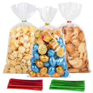 Imagem de Soarvita Pacote com 100 sacos de guloseimas transparentes de celofane: sacos de presente de plástico transparente de 15 x 25 cm com 110 laços vermelhos e verdes para embalagem de doces, biscoitos
