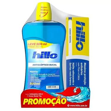 Imagem de Enxaguante Bucal Hortelã Antisséptico 500ml + Creme Dental 70g Dupla Menta Hillo, Enxaguante Sem Álcool e Sem Flúor