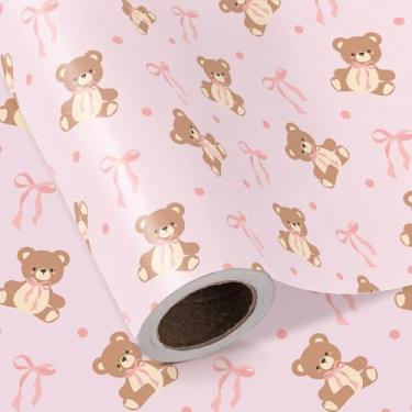 Imagem de WRAPAHOLIC Rolo de papel de embrulho Bear Baby Shower – Mini rolo – 43 cm x 40 cm – Urso de pelúcia coquete com laço de fita rosa, papel de embrulho, perfeito para chá de bebê, aniversário de menina