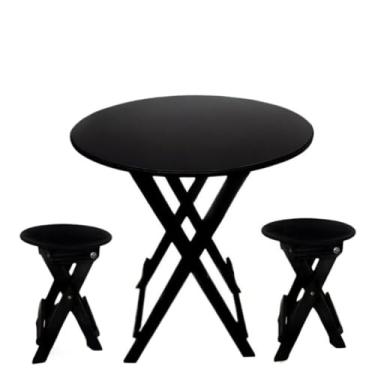 Imagem de Conjunto Mesa C/ 2 Banquetas de Madeira Decoração Area de Churrasco Jantar (Revestimento Preto Redondo)