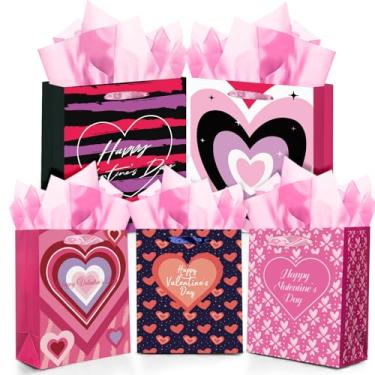 Imagem de qiqee Saco de presente de dia dos namorados 5 peças com papel de seda tamanhos variados sacos de presente para amantes (3 peças tamanho médio + 2 peças grandes)