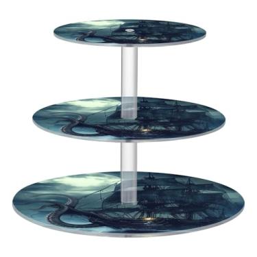 Imagem de Blueangle Suporte redondo de cupcake de 3 camadas – torre de sobremesa acrílica de navio pirata, suporte de sobremesa em camadas antiderrapante para chá de bebê, aniversário, festa de casamento (58)