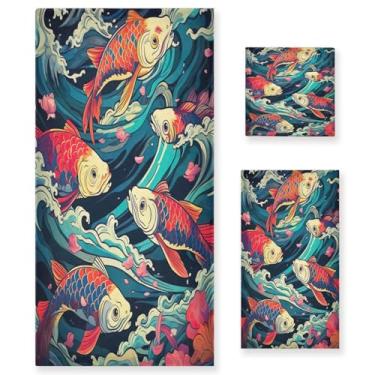 Imagem de Blueangle Conjunto de toalhas coloridas de ondas de peixe - 3 peças de toalhas de banheiro macias absorventes para spa e decoração de casa (inclui banho, toalha de mão e toalha) #415