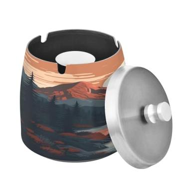 Imagem de Blueangle Cinzeiro vintage de paisagem de montanha com tampa para cigarros, à prova de vento/chuva, aço inoxidável, sem fumaça, inodoro, cinzeiro para uso interno ou externo (374)