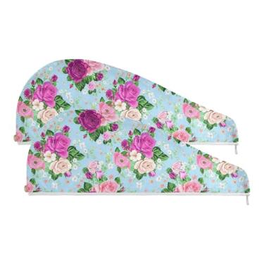 Imagem de SEHANY Toalha de cabelo de microfibra Elegant Roses para mulheres, 2 peças, turbantes de cabelo de secagem rápida com botão, touca de cabelo seco absorvente toalha de secagem de cabelo para cabelos