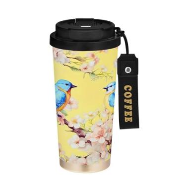 Imagem de SEHANY Caneca de café de viagem Blue Birds 482 g com tampa revestida de cerâmica e à prova de vazamento, parede dupla, isolada a vácuo, copo de aço inoxidável para bebidas quentes e frias