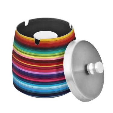 Imagem de Blueangle Cinzeiro listrado colorido do México com tampa para cigarros, à prova de vento/chuva, aço inoxidável, sem fumaça, inodoro, cinzeiro para uso interno ou externo (175)