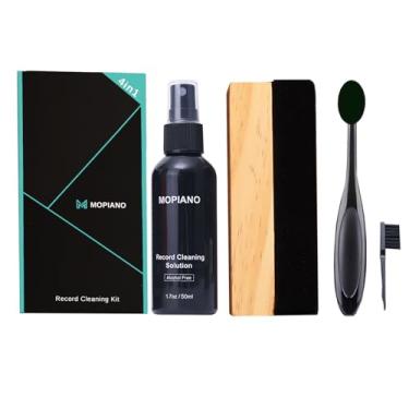 Imagem de Mopiano Kit de limpeza de discos | Limpador completo de discos de vinil 4 em 1 para álbuns|Inclui escova de disco de vinil de veludo macio, líquido de limpeza LP, escova Stylus, escova de nylon