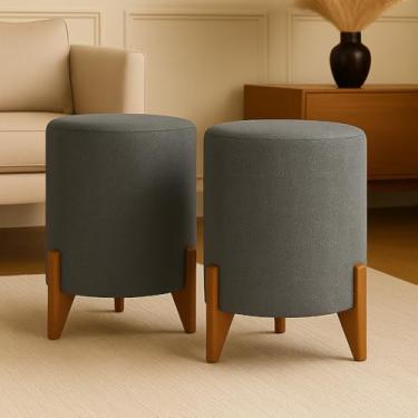 Imagem de Kit 2 Puff Banqueta Redondo Banco Pufe Assento Macio Tecido Suede 3D Decorativo para Sala Escritório Apartamento Soft Alamo Pés em Madeira (Cinza)