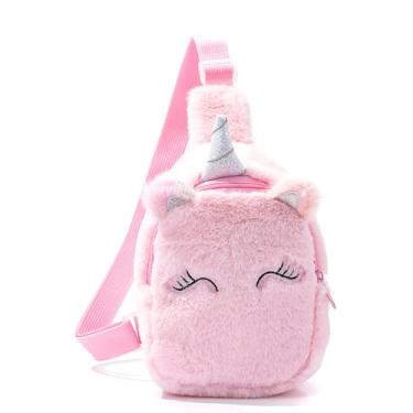 Imagem de Bolsa tiracolo de pelúcia de unicórnio macia e felpuda bolsa de ombro fofa lembrancinhas de festa presentes de aniversário, rosa, Kids
