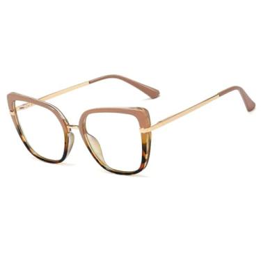 Imagem de Óculos de grau de titânio com armação de plástico estilo olho de gato feminino (C4Khaki-Leopard)