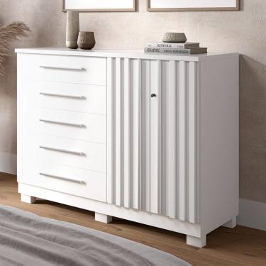 Imagem de Cômoda Bella 2 Portas 5 Gavetas 100% Mdf Ripado Branco - Acp Móveis