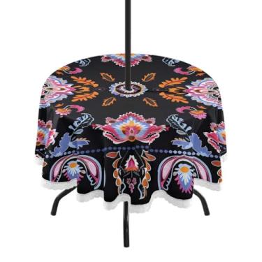 Imagem de CEBUGI Toalha de mesa redonda para uso ao ar livre, boêmia, floral, impermeável, com furo Umberlla, capa de mesa lavável para pátio, cozinha, sala de jantar, 152 cm