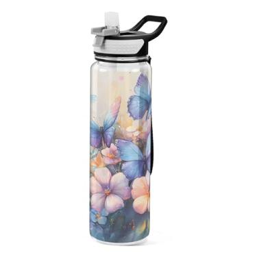 Imagem de xigua Garrafa de água com buquê floral em aquarela com tampa de palha, garrafas de água transparentes à prova de vazamentos para esportes ao ar livre, bebida, fitness, treino, viagem, 940 ml