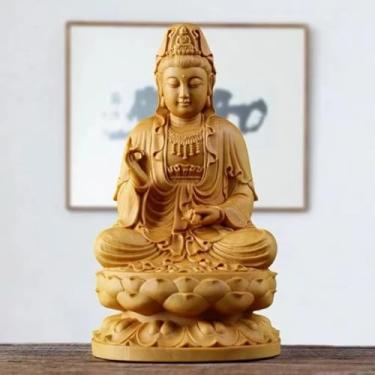 Imagem de FENNYYAR Buda GuanYin de cipreste natural, 8 cm, 7,9 cm, estátua de Buda de madeira maciça para casa, escritório, ornamento Feng Shui