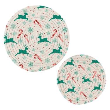 Imagem de Wassud Lindo conjunto de trivet de veado de Natal para pratos quentes, suportes redondos de algodão, almofadas quentes, porta-copos elegantes, decoração de cozinha e acessórios, 2 peças