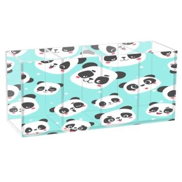 Imagem de CEBUGI Porta-lápis de acrílico com 4 compartimentos, organizador de lápis de desenho animado Pandas, suporte de pincéis de maquiagem para escritório em casa, escritório
