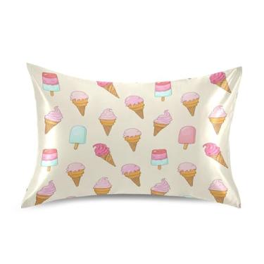 Imagem de xigua Fronha de cetim de sorvete para cabelo e pele lavável à máquina almofada de cetim antiderrapante refrescante capa de travesseiro de cama padrão com fecho de envelope, 51 cm x 66 cm