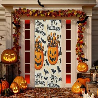 Imagem de Wassud Decoração de cobertura de porta alegre abóbora com doces faixa interna externa decoração de casa de varanda grande decoração de porta da frente 96 x 98 polegadas