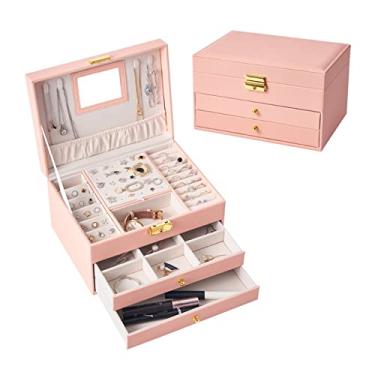 Imagem de uhyOHF Caixa de joias organizador de joias de grande capacidade caixa de joias de cabelo com gancho de espelho, colar, anel, brinco, caixa de joias com divisor removível organizador de joias (