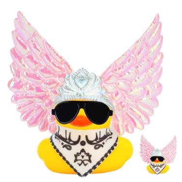 Imagem de FINEED Decoração de painel de carro de pato de borracha estilo anjo com asas cor-de-rosa, coroa, óculos de sol pretos e lenço branco - Acessórios engraçados de carro feminino para painel, escritório
