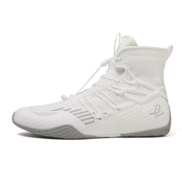 Imagem de B LUCK SHOE Tênis de boxe masculino, leve, de cano alto, com cordão – Calçado de ginástica de suporte para lutadores LS508, Branco/Cinza, 40