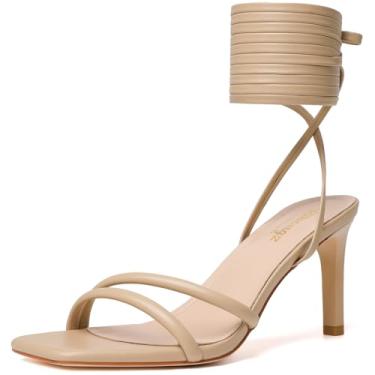 Imagem de RIBONGZ Sandálias femininas de salto alto com tiras quadradas, bico aberto, tira no tornozelo, cadarço, salto alto, sexy, para casamento, formatura, festa, conforto, Nude, 40 BR