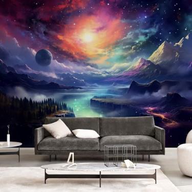 Imagem de Papel de parede colorido galáxia 375.9 cm L x 248.9 cm H Planetas Mountain Wall Murals Peel and Stick Canyon Rivers roxo nuvens mural papel de parede fantasia paisagem decoração de parede para teto