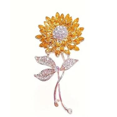 Imagem de 1 broche de girassol requintado com strass, broche de lapela de roupas para mulheres, acessório de roupas modernas, escolha de presente ideal
