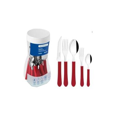 Imagem de Jogo de Talheres Faqueiro Aço Inox com Gaveteiro, 25 Peças, Vermelho, Cabos em Polipropileno, Porta Talheres Organizador